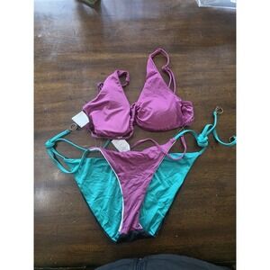 NWOT SOLUNA S Color Block Bikini Top & Bottom Burgundy Green Sample 130438